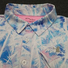 Birdie Bound Mens XL White Blue Tropical Palms Polo Shirt Performance Golf
