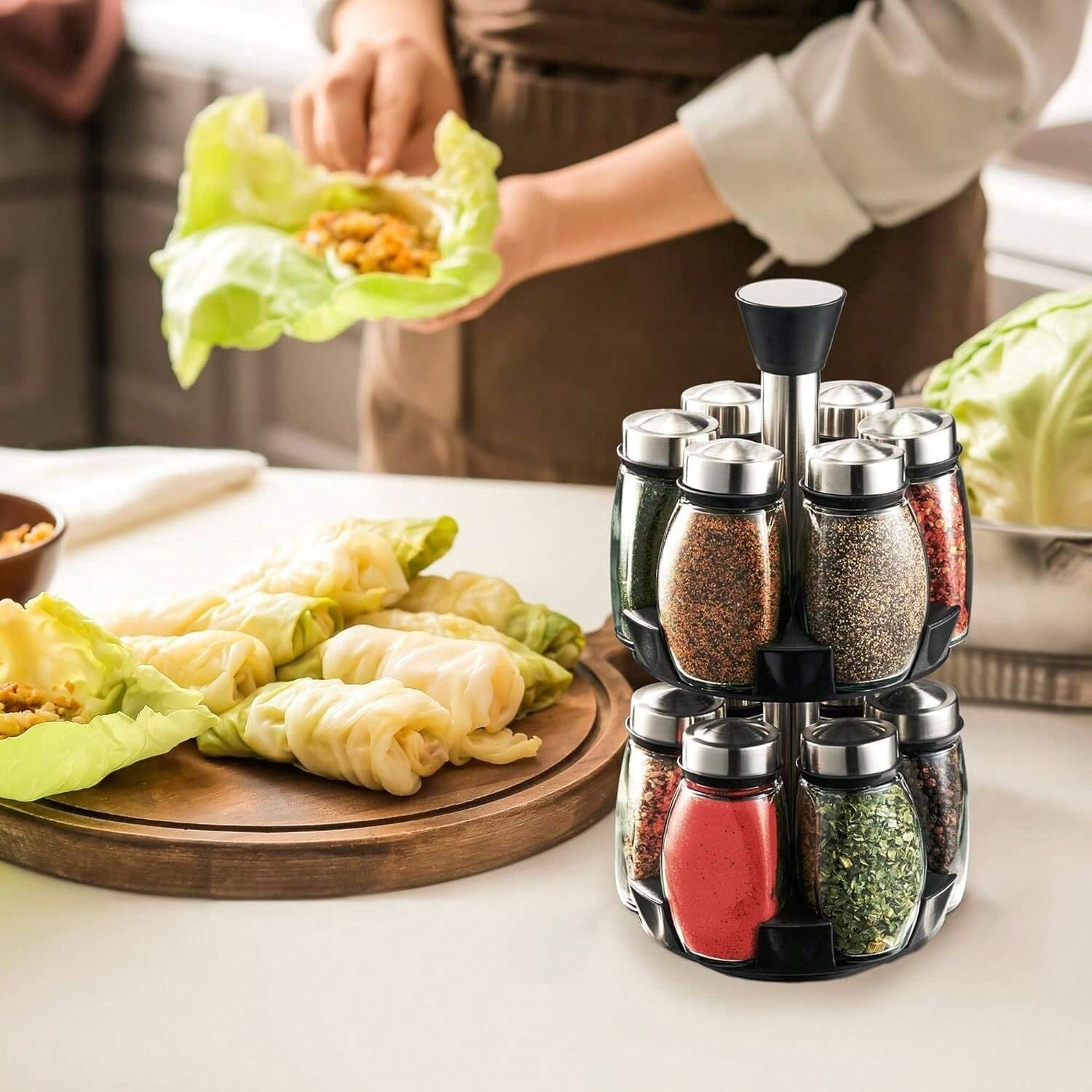 12 Jar Rotating Spice Rack Tower 360° Revolving Countertop Organizer Glass Jars