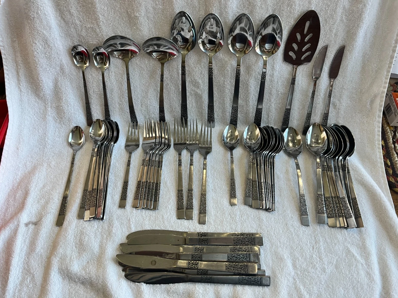 NASCO STAINLESS FLATWARE KOREA LOT 68 PIECES SQUARE HANDLE SCROLL FLOWER PATTERN