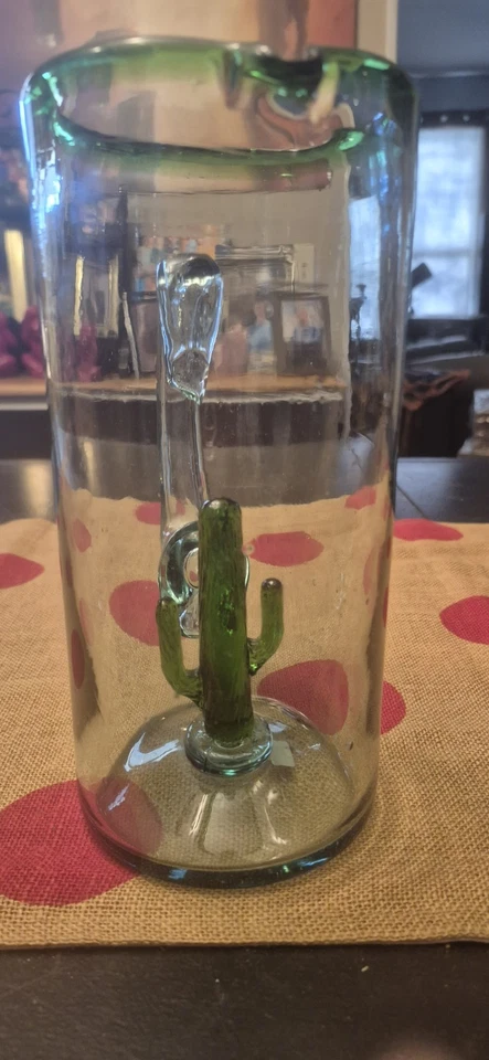Novo Jarro de Vidro Mexicano Soprado à Mão com Arte de Cacto Saguaro Verde 3D Dentro - Imagem 4 de 4