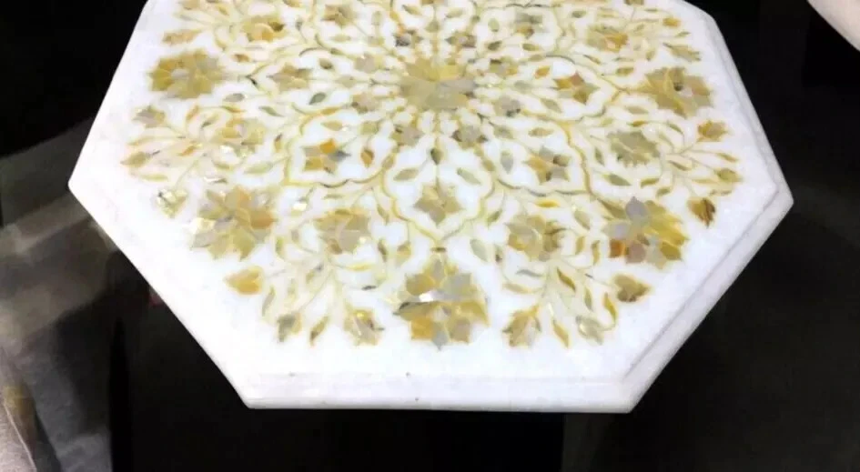White Marble Coffee Table – Mother of Pearl Inlay Floral Art – Luxury Handmade - Image 3 of 4