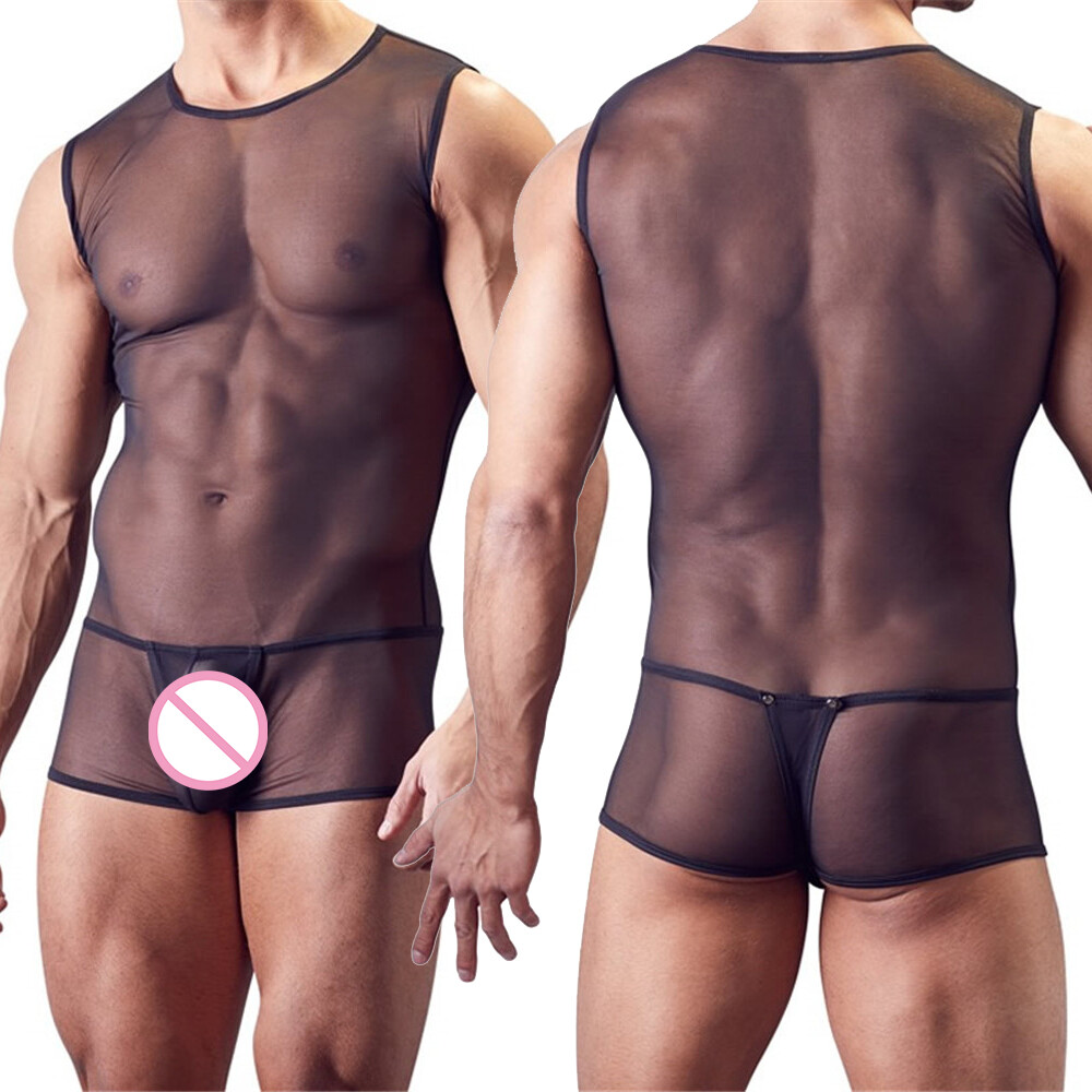Mens Bodysuit Mesh One Piece Leotard Jumpsuit Wrestling Singlet Underwear T-Back-image