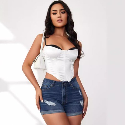 Jeansshorts mit Gummizug Rollsaum Sommer Neu Damen