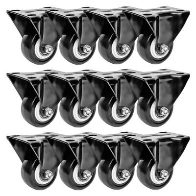 12 Pack 2'' Inch All Black Rigid Non Swivel Polyurethane Casters Wheels