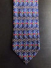 Isaac Zelcer Men’s Silk Blue Rust Cream Print Unique Tie EUC