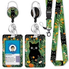 Black Cat Flower Lanyards for Id Badges, Id Badge Holder Heavy Duty and Retra...