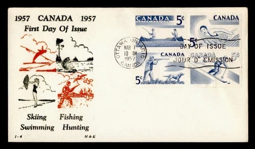DR WHO 1957 CANADA FDC SEASONAL SPORTS BLOCK H&E CACHET M76622