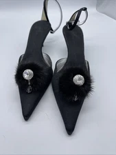 Giuseppe Zanotti Black Satin Slingback Kitten Heels w/Fur Pom Pom & Crystal