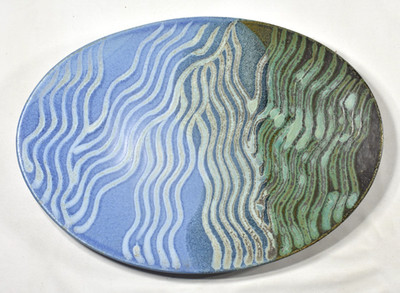 Polly Whitcomb Studio Art Pottery Oval Platter Tray Blue Green Lrg 13x18 Signed