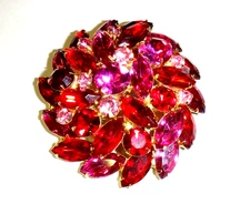 Verified D & E Juliana Shades of Red & Pink Pinwheel Mounded Tiered Brooch
