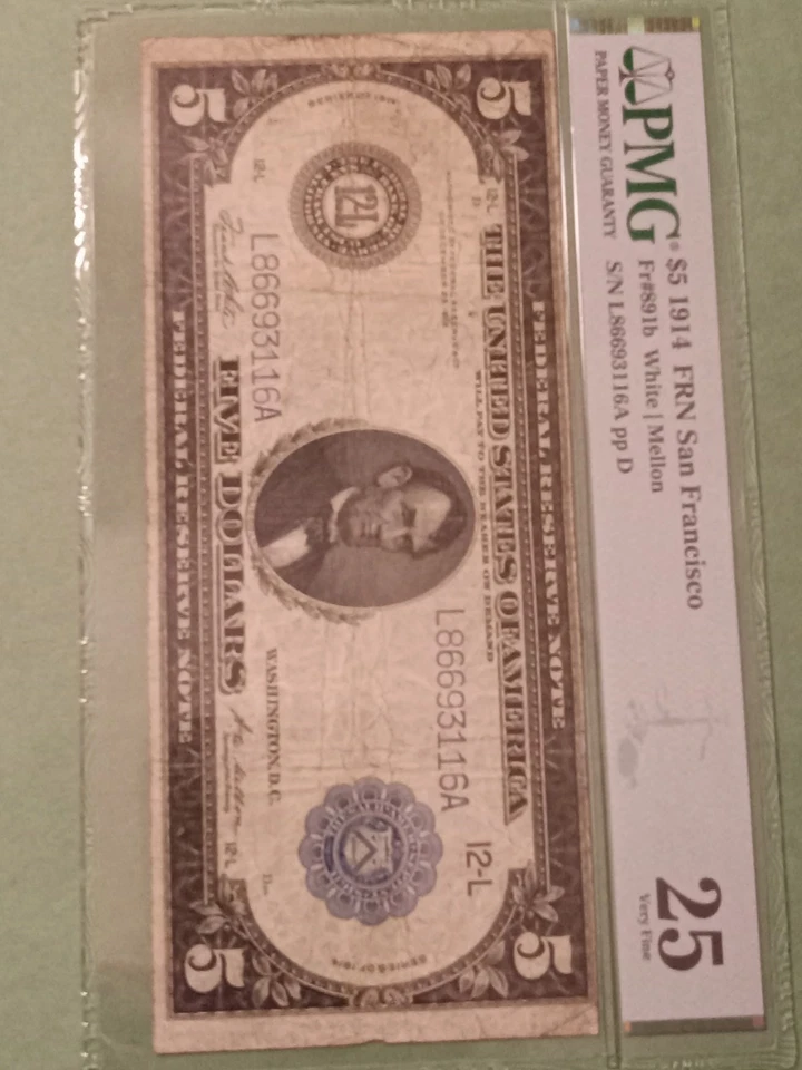 1914 $5 Federal Reserve Note San Francisco PMG 25 Very Fine. Free Shipping. - Image 3 of 4
