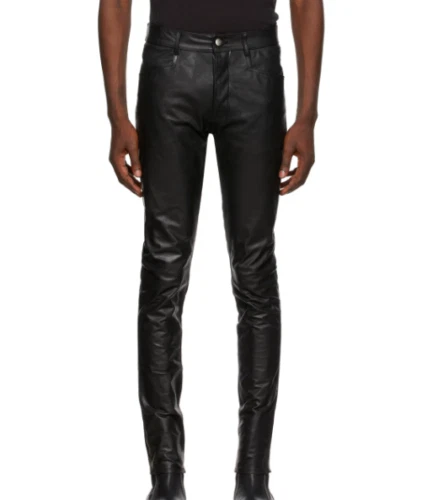Men's Classic Genuine Lambskin Leather Skinny Biker pants Black Leather