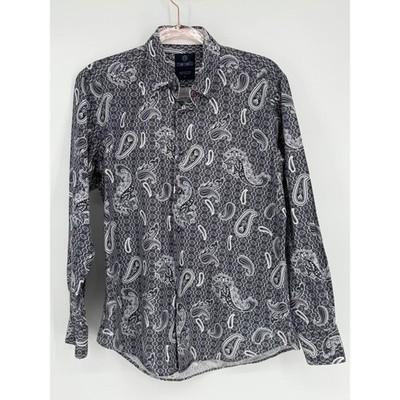 Marcello Men's Black and Gray Paisley Button Down Long Sleeve Shirt Top Sz M