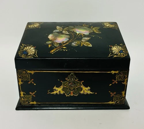 Antique Victorian Papier Mache Mother of Pearl Letter Rack Stationery Box