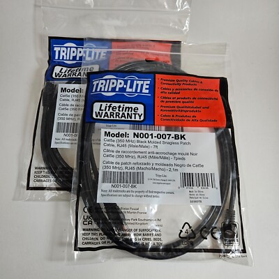 Tripp Lite N001-007-BK Black Molded Snagless Patch Cable RJ45 Male/Male 7ft- 2pk