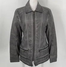 FDJ French Dressing Jeans Jacket Womens Small Gray Faux Leather Full Zip Biker
