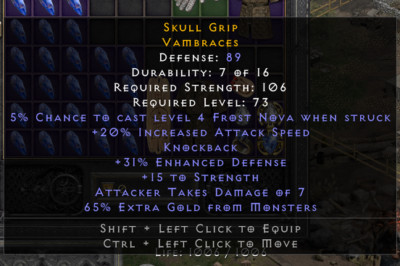Diablo 2: Resurrected: 20%ias/knockback/15str/65% Gold Find Gloves -PC-D2R - NL