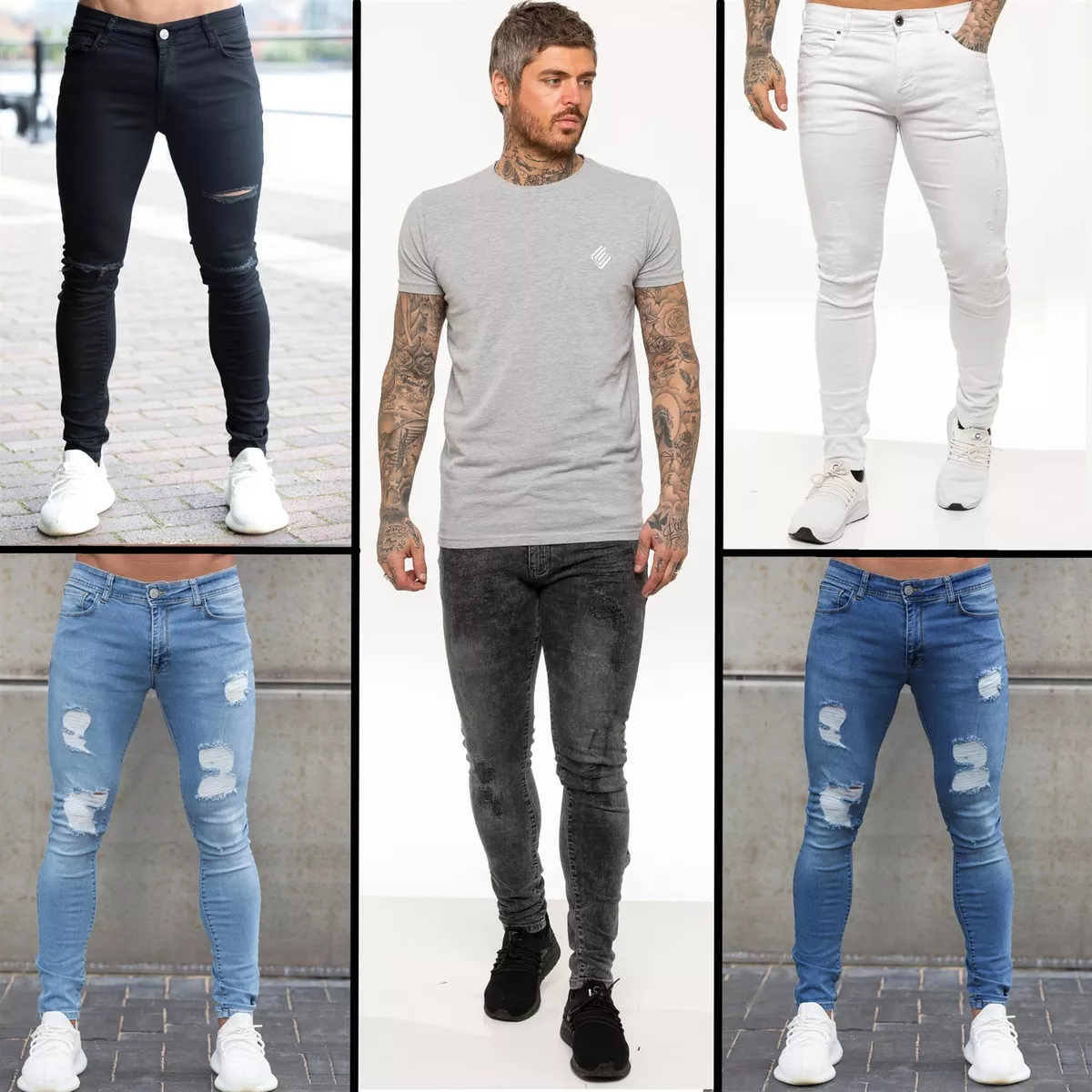 Mens Skinny Jeans Slim Fit Ripped Denim Stretch Trouser Distressed