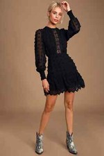 LULUS Black Lust Love Black Embroidered Dot Lace Long Sleeve Mini Dress S = 2/4