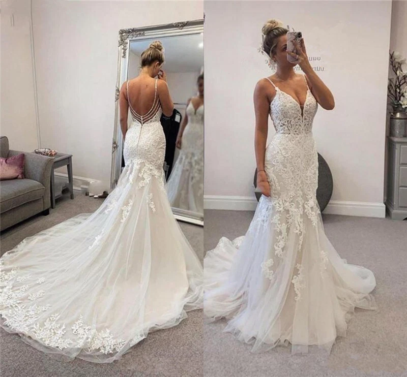 Sexy Backless Lace Mermaid Wedding Dress Spaghetti Strap V Neck Appliques  Wedding Gowns Pretty Long Bridal Dresses Custom Made - AliExpress