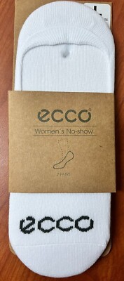 Ecco No-Show Socks Large 2 Pair Womens White Green Large Shoe Size 10-12.5 New