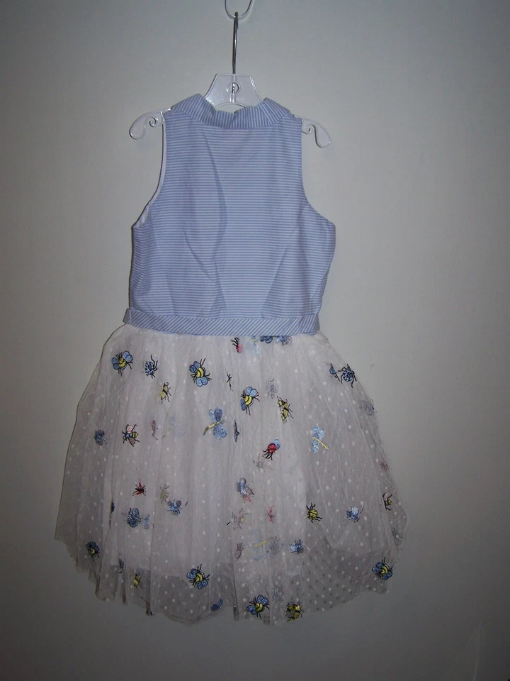 Vestido Halabaloo Niñas Sin Mangas Azul/Blanco Rayas Capas Tul Talla 12 Nuevo con Etiquetas Foto 3 de 4
