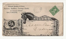 BEAUTIFUL 1902 BALTIMORE MD HORSE BLANKET ADVERTISING COVER 3 ENCLOSURES - RARE!