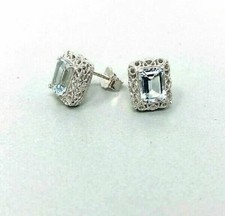 3Ct Emerald Cut Aquamarine Push Back Halo Stud Earrings 14K White Gold Finish