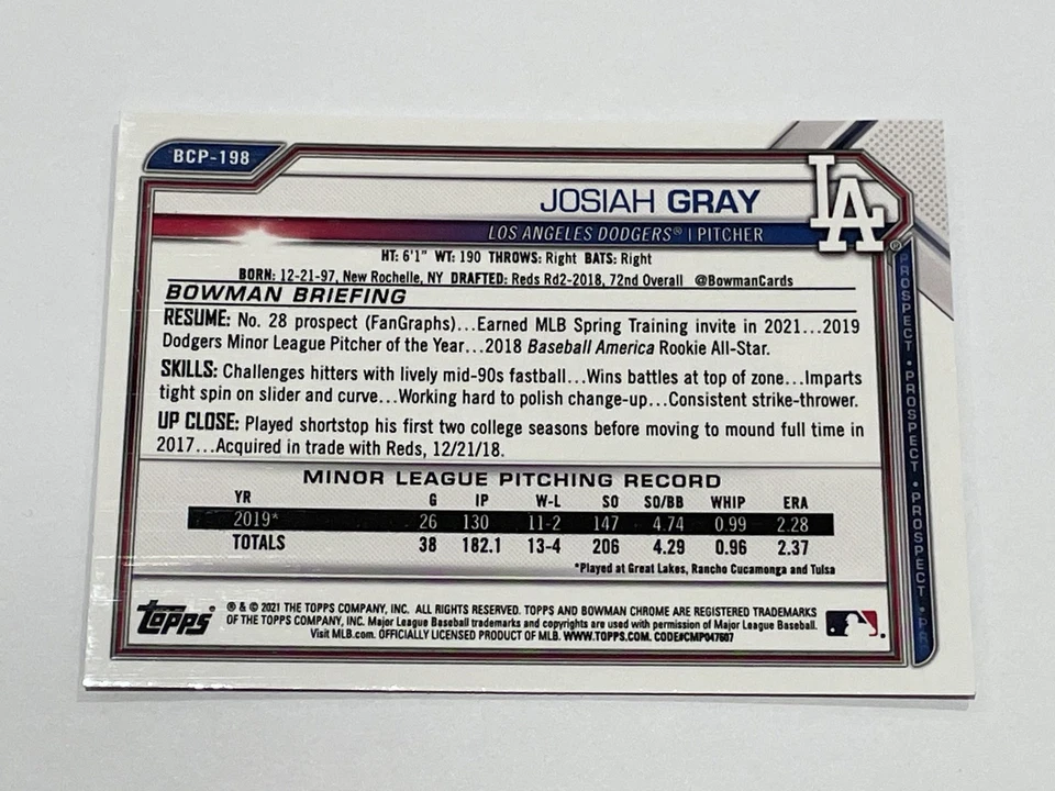 2021 Bowman Chrome Baseball Prospects - Josiah Gray - Los Angeles Dodgers - Image 2 of 2