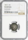 1892-S 10c Barber Dime NGC VG Details Damaged Better Date San Francisco