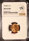 1948 D 1C Lincoln Cent US Copper Penny NGC MS 65 RD Uncirculated No Reserve!