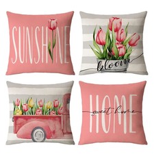 Tulip Pillow Covers 20x20 Set of 4 Spring Summer Throw Pillow Covers Pink Flo...