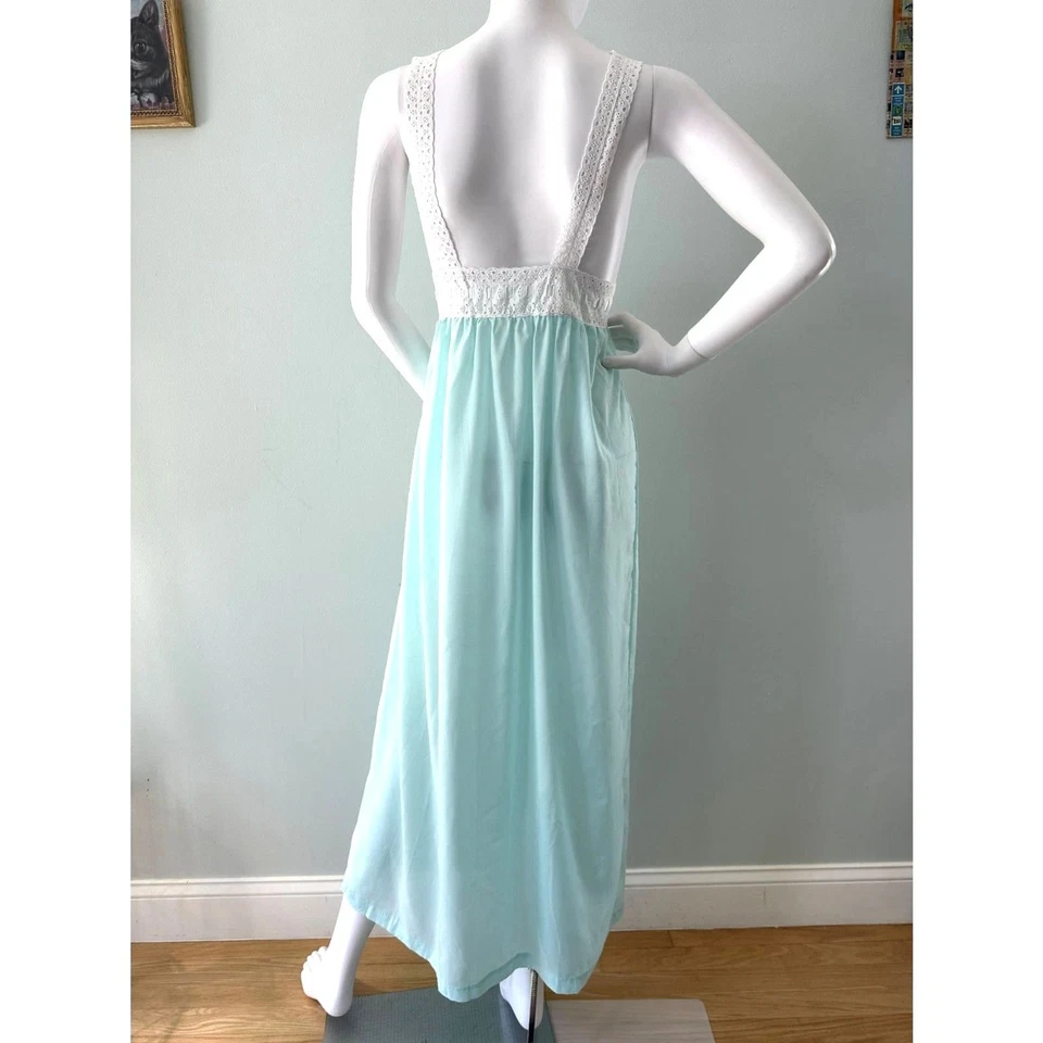 1970s Vintage Aqua Blue Lace Trim Maxi Nightgown Lingerie Dress size 38 M/L - Image 2 of 4