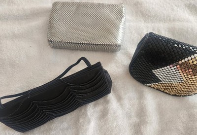 Set Of 3 Small Dress  Bags: Silver, Black, And Black Gold.