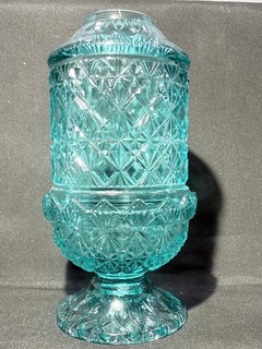 Green Vaseline glass Fairy lamp candle tea light holder uranium fine cut teal 6"