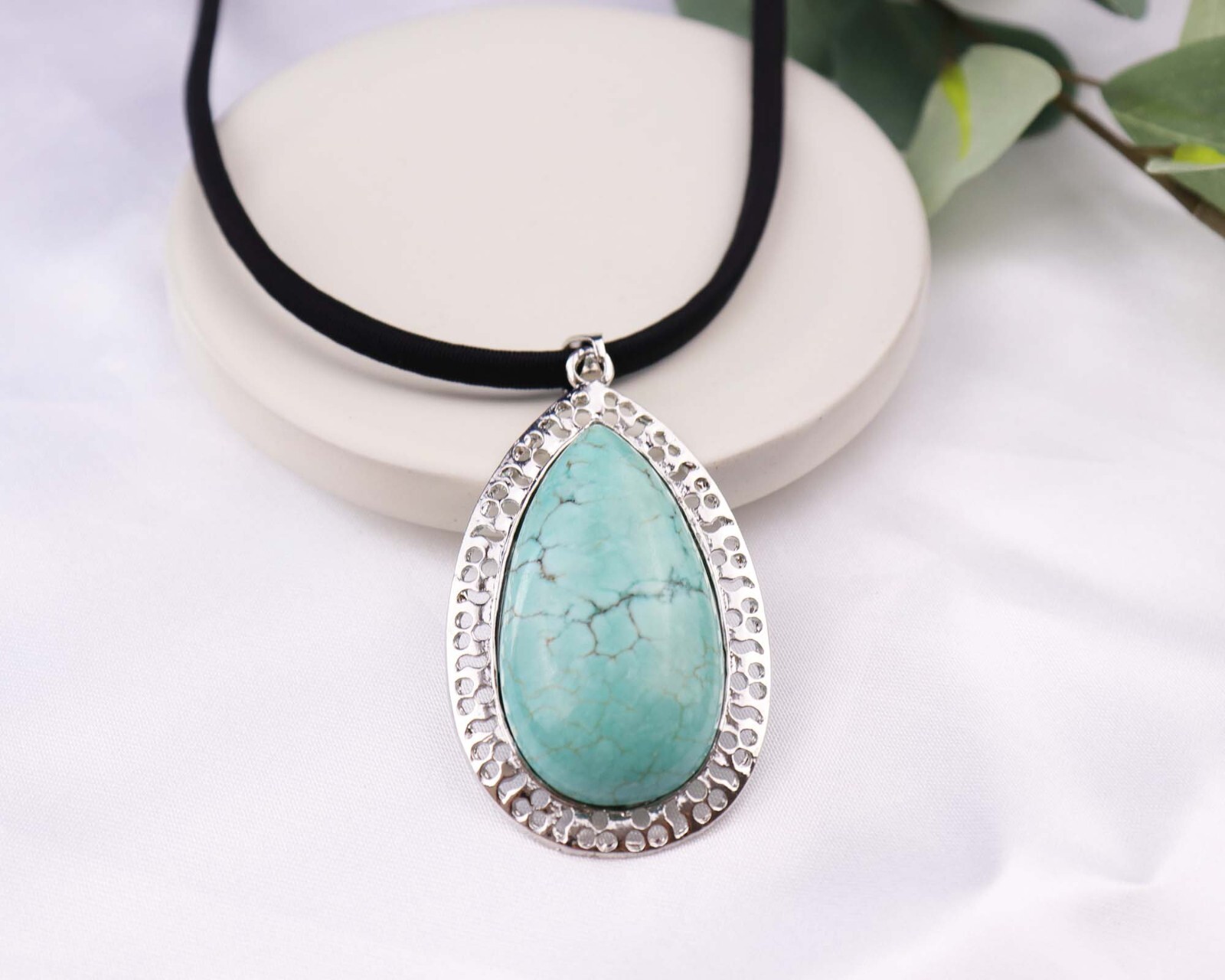 Large Turquoise Stone Pendant Necklace for Women, Blue Genuine Gemstone
