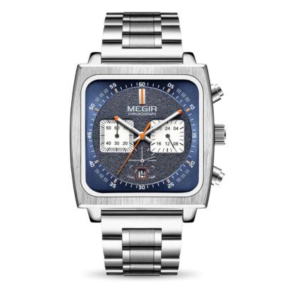MEGIR Monaco Chronograph Calibre 12 Men's Luxury Quartz  Steel Strap Watch BLUE