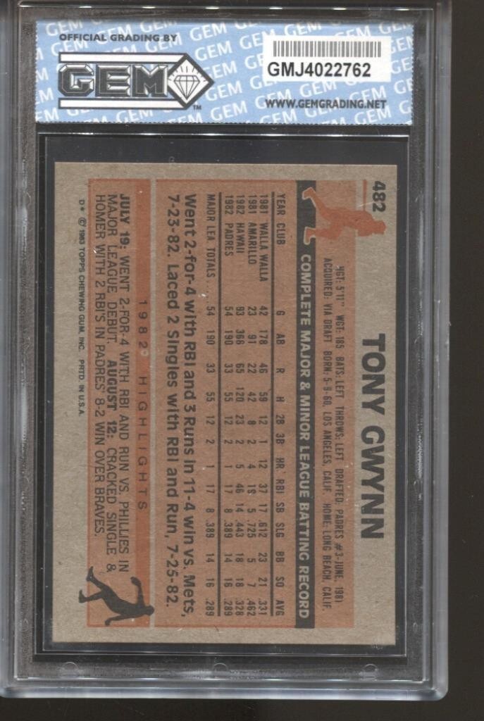 1983 Topps Tony Gwynn #482 Gem Mint 10 RC Rookie San Diego