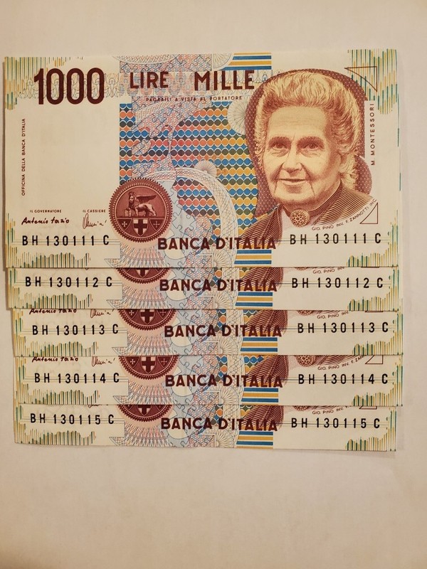 Maria Montessori School Teacher Italian 1000 Lire Banknotes (5) seq S/N