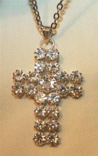 Sparkling Silvertone Prong Set White Clear Crystal Rhinestones Cross Necklace
