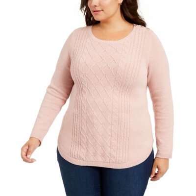 Charter Club Womens Pink Cable-Knit Long Sleeve Pullover Sweater Plus 1X 2X 3X