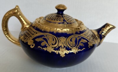 Kingstone England Porcelain Cobalt Blue & 24k Gold Hand Painted Teapot Coffeepot