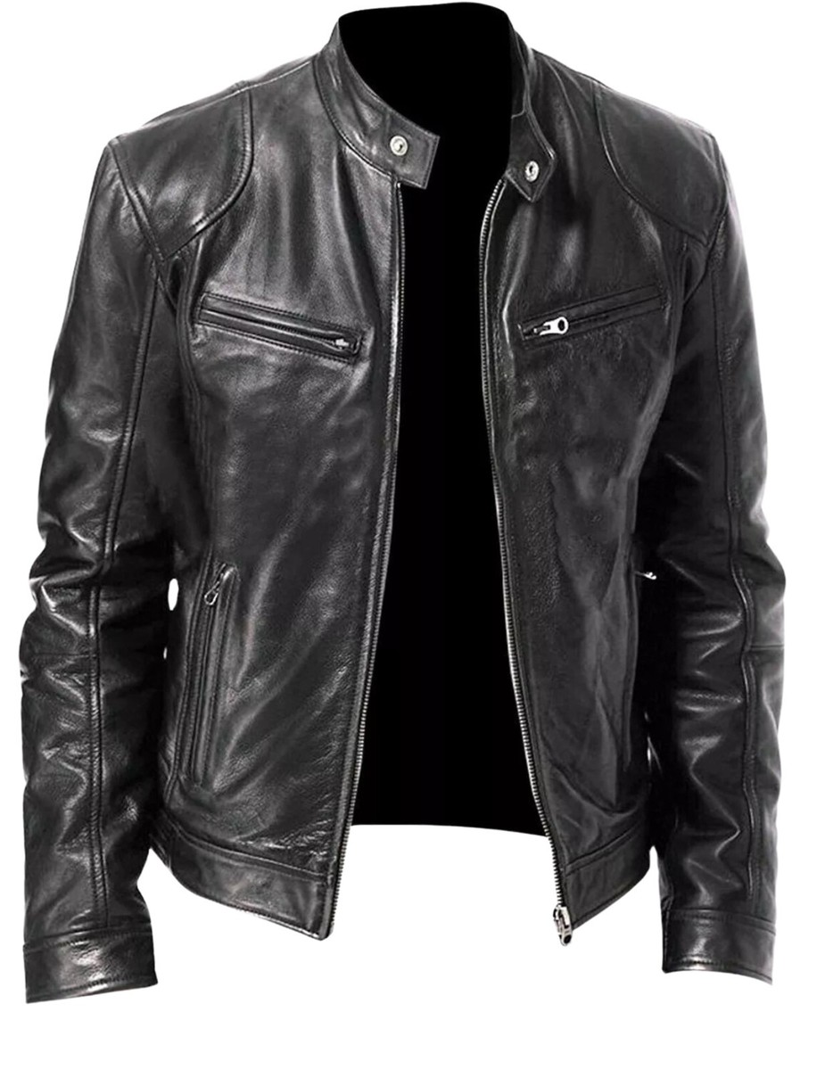 Mens Biker Leather Jacket Genuine Leather Zipped Motorcycle Style