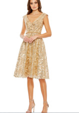 MAC DUGGAL 68012 SEQUIN V-NECK CAP SLEEVE GOLD FIT & FLARE DRESS sz 8