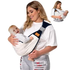 Shiaon Baby Sling Wrap Carrier Newborn To Toddler White & Navy Blue 7-45 lbs NEW