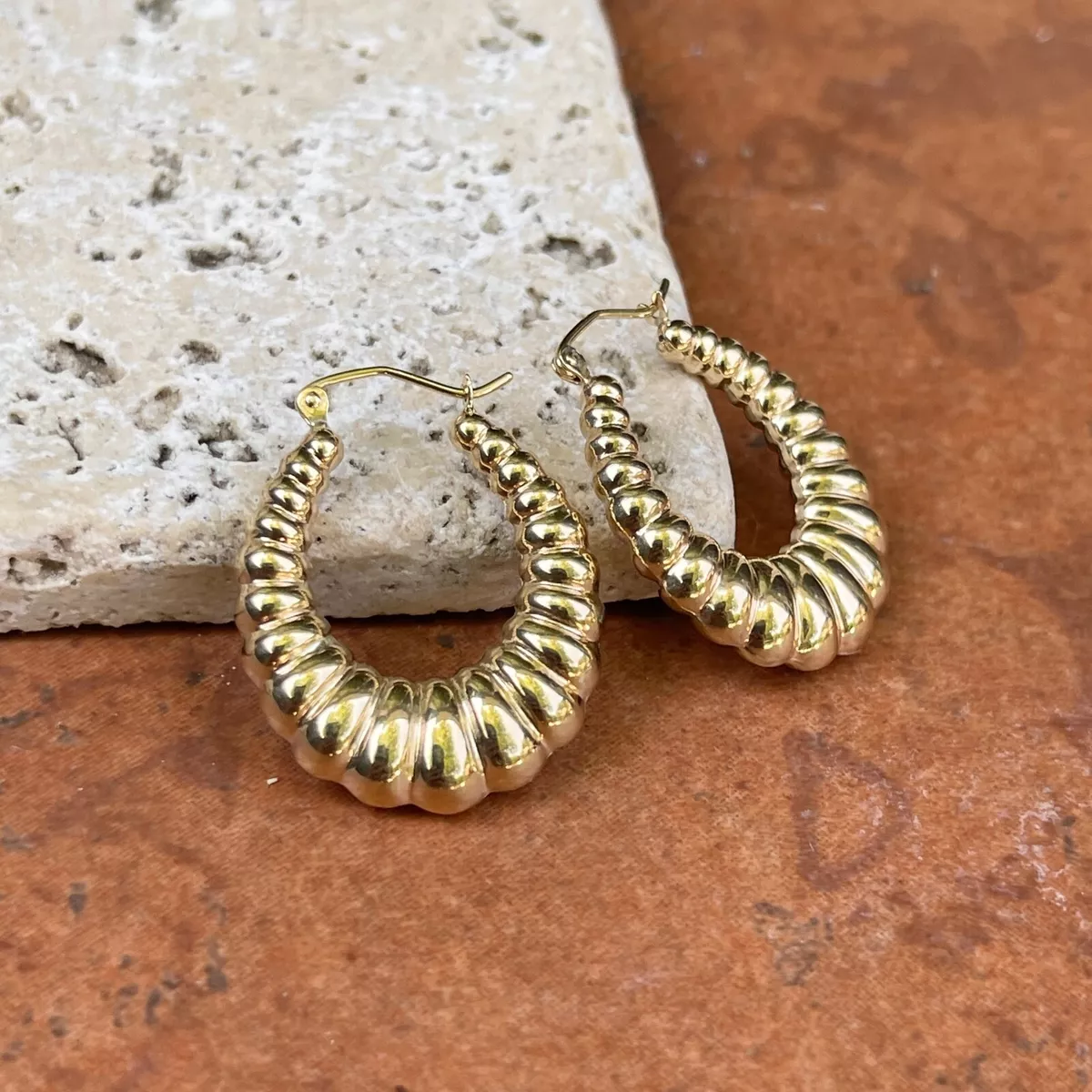 10KT Yellow Gold Ribbed Shrimp Creole 5mm 3D Hoop Earrings 13mm