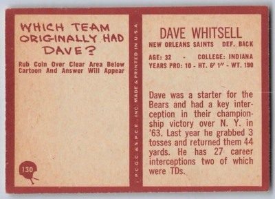 1967 DAVE WHITSELL - Philadelphia Football Card - # 130 - NEW