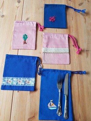 Neue handgefertigte Geschenktüte mit 5 Kordelzügen rosa & blau Stoff 23 cm x 15 cm & 18 cm x 13 cm
