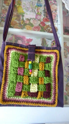 Womens Bag handgefertigten Stoff + Acryl gehäkelte Tote MessengerPurse...