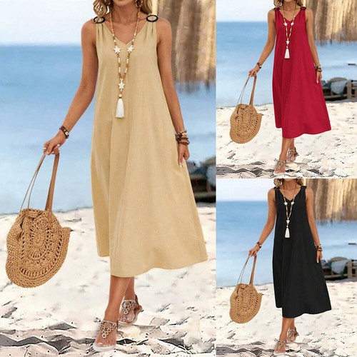 Womens Summer Midi Tank Dress Ladies Sleeveless Holiday Beach Vest Sundress